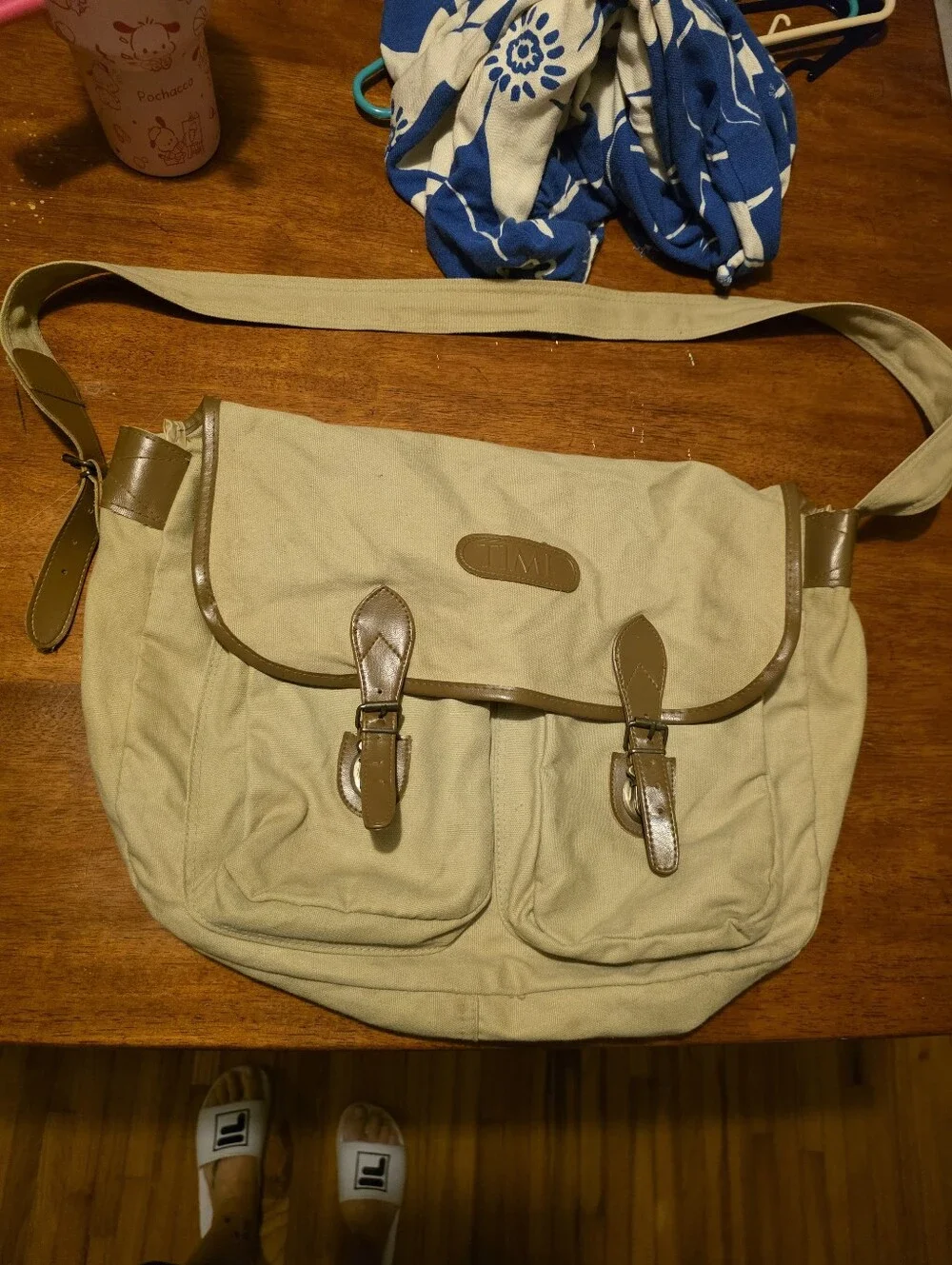 Times Magazine Canvas Messenger Bag with Brown Trim, Leather And Canvas